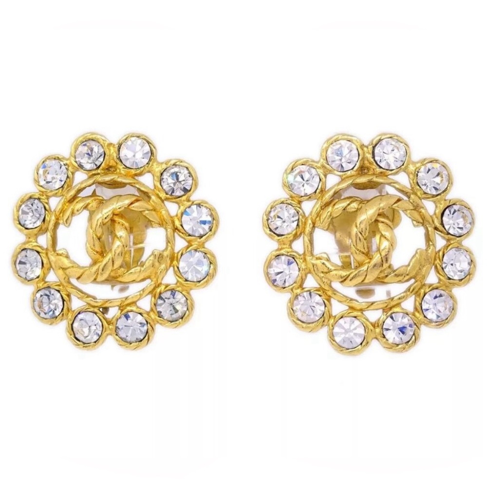 Chanel Vintage 90s Gold Metal CC Rhinestone-Embellished Button Earrings - Picture 3 of 13